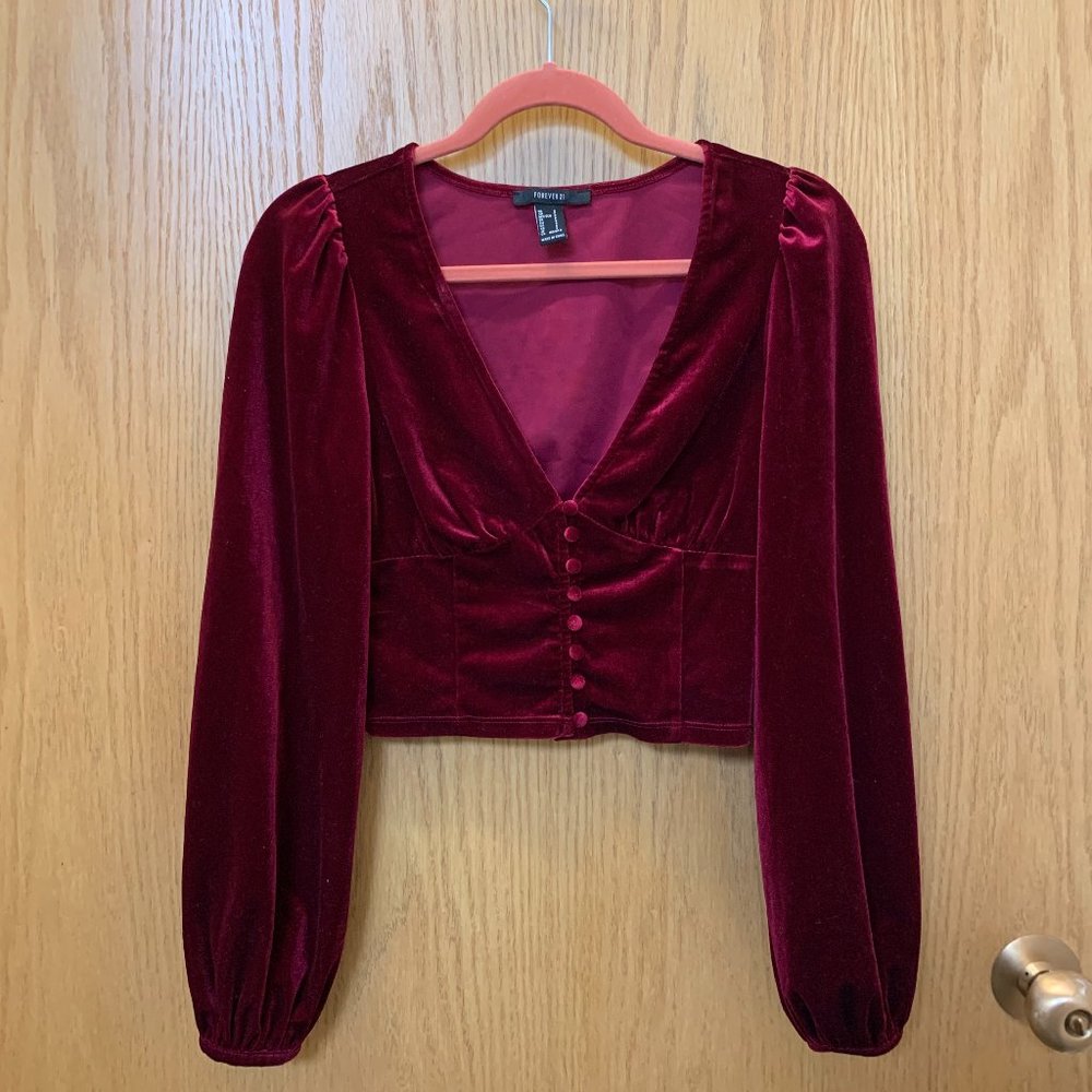 Forever 21 Velvet Peasant Sleeve Top, Fitted Bodice, size small